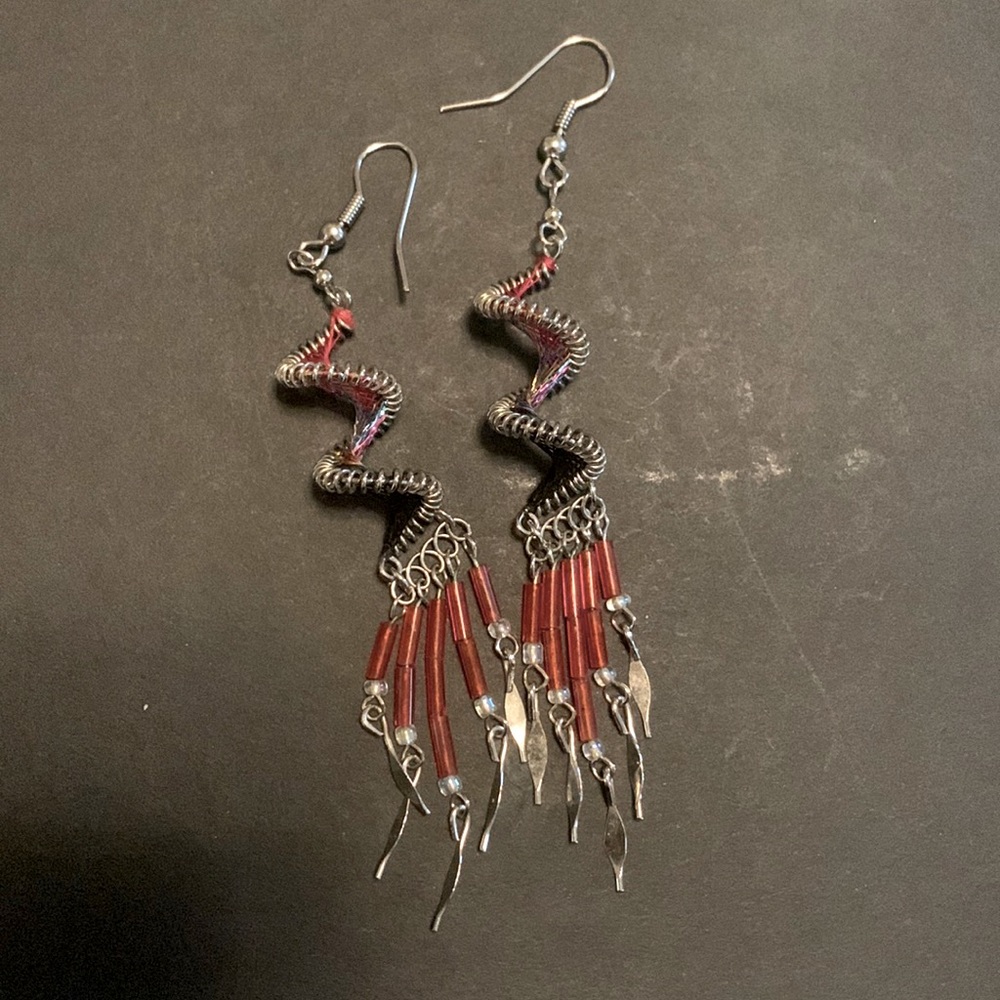 Silver and Red Chandelier Earrings-Native American-Southwest-Beads-Dream Catcher